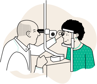 Icon of an optometrist performing an eye exam with a patient.
